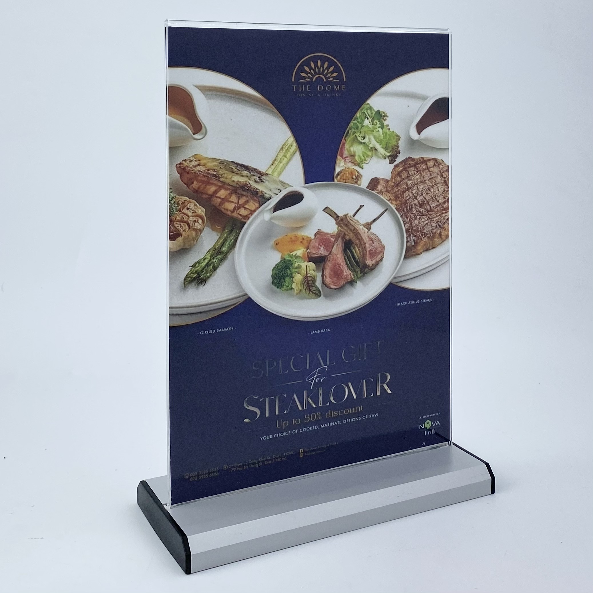 Kệ menu nhà hàng, Standee mica để bàn, Bảng quét mã QR Code, Kệ mica 2 mặt Enter E30 150x210mm đế nhôm A5 đứng