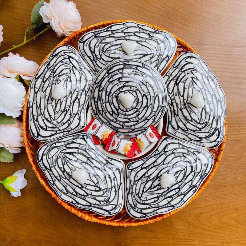 KHAY MÂY GỐM SỨ 6 KHAY CÓ NẮP ĐẬY SỨ