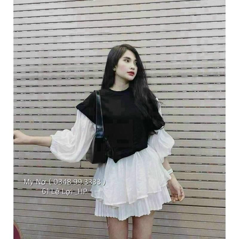Áo babydoll tay phồng vải voan phối chất thun cao cấp chất mịn