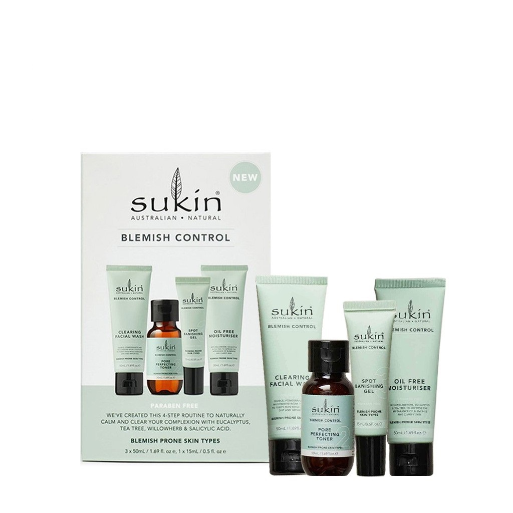 Bộ Chăm Sóc Da Mụn Toàn Diện Sukin Pack Blemish Control Sữa Rửa Mặt 50ml + Toner 50ml + Gel Chấm Mụn 15ml + Dưỡng Ẩm 50ml