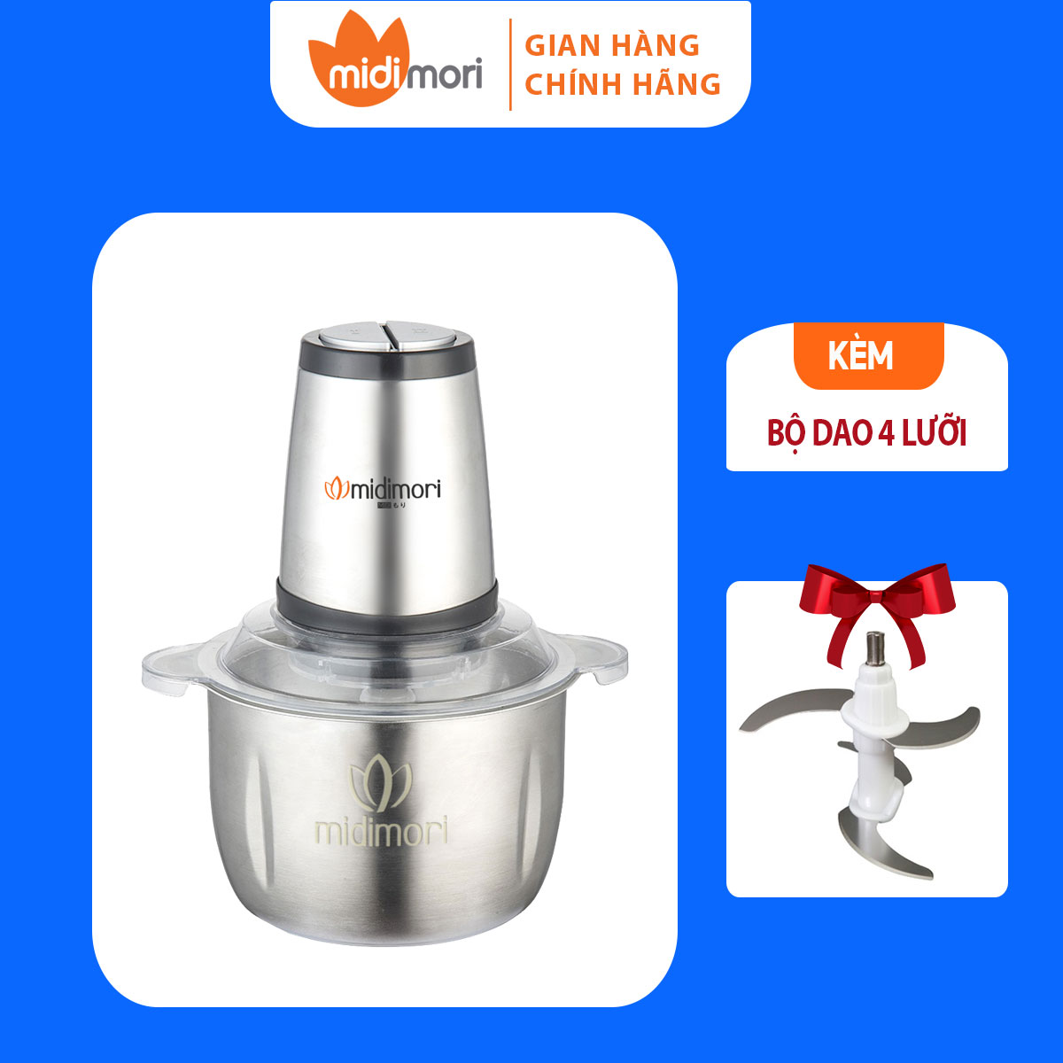 Máy Xay Thịt Cối Inox 3 Lít Midimori MDMR- 800 - Tặng Kèm 1 Bộ Lưỡi Dao Dự Phòng - Hàng Chính Hãng