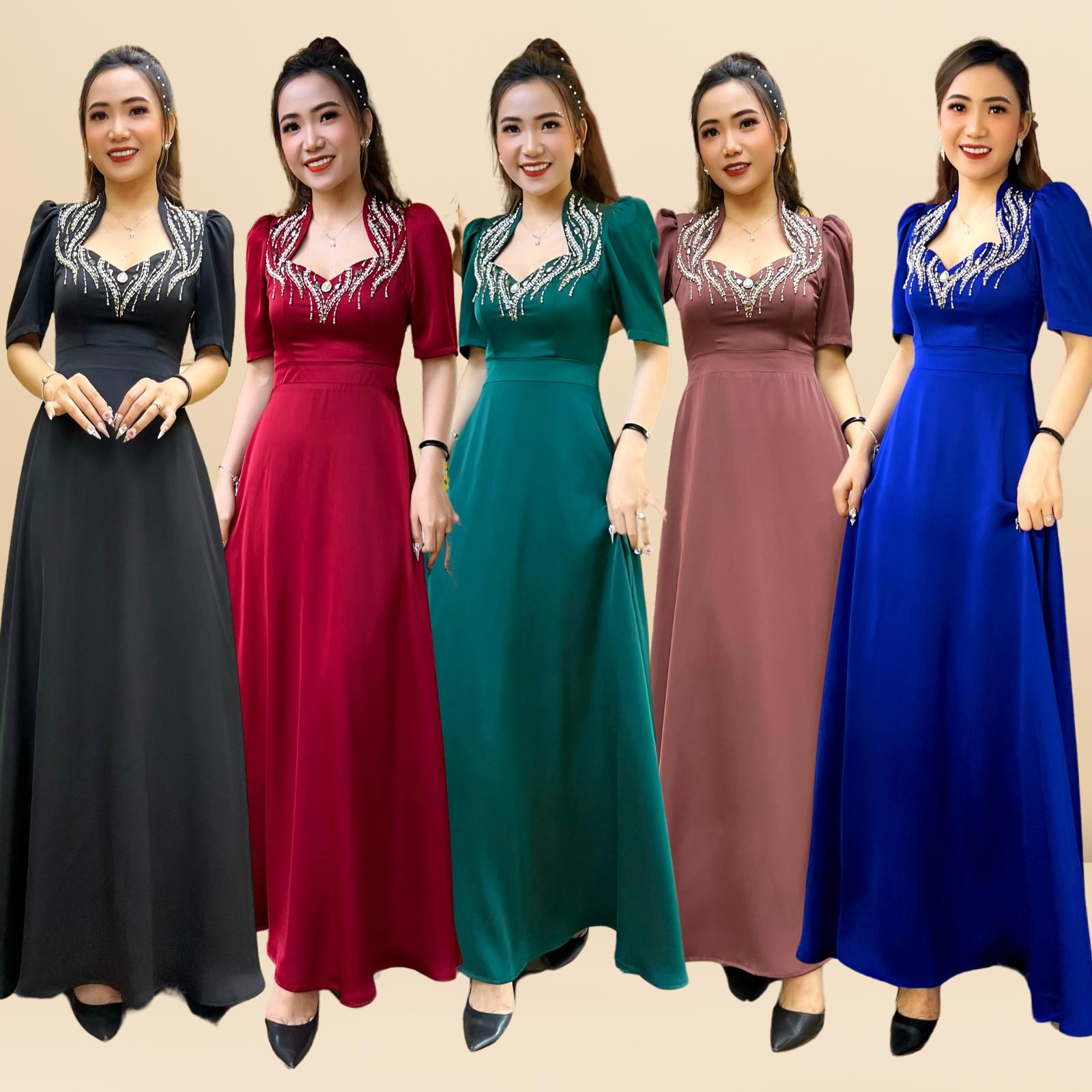 Đầm dạ hội nữ lụa đính đá đi tiệc kết hoa cao cấp Rosaleen Dress Quỳnh Anh Luxury