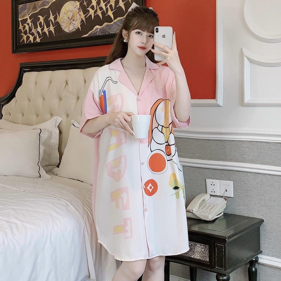 Đầm ngủ váy sơ mi form rộng, chất lụa mango mềm-mịn-mát - Freesize dưới 67kg