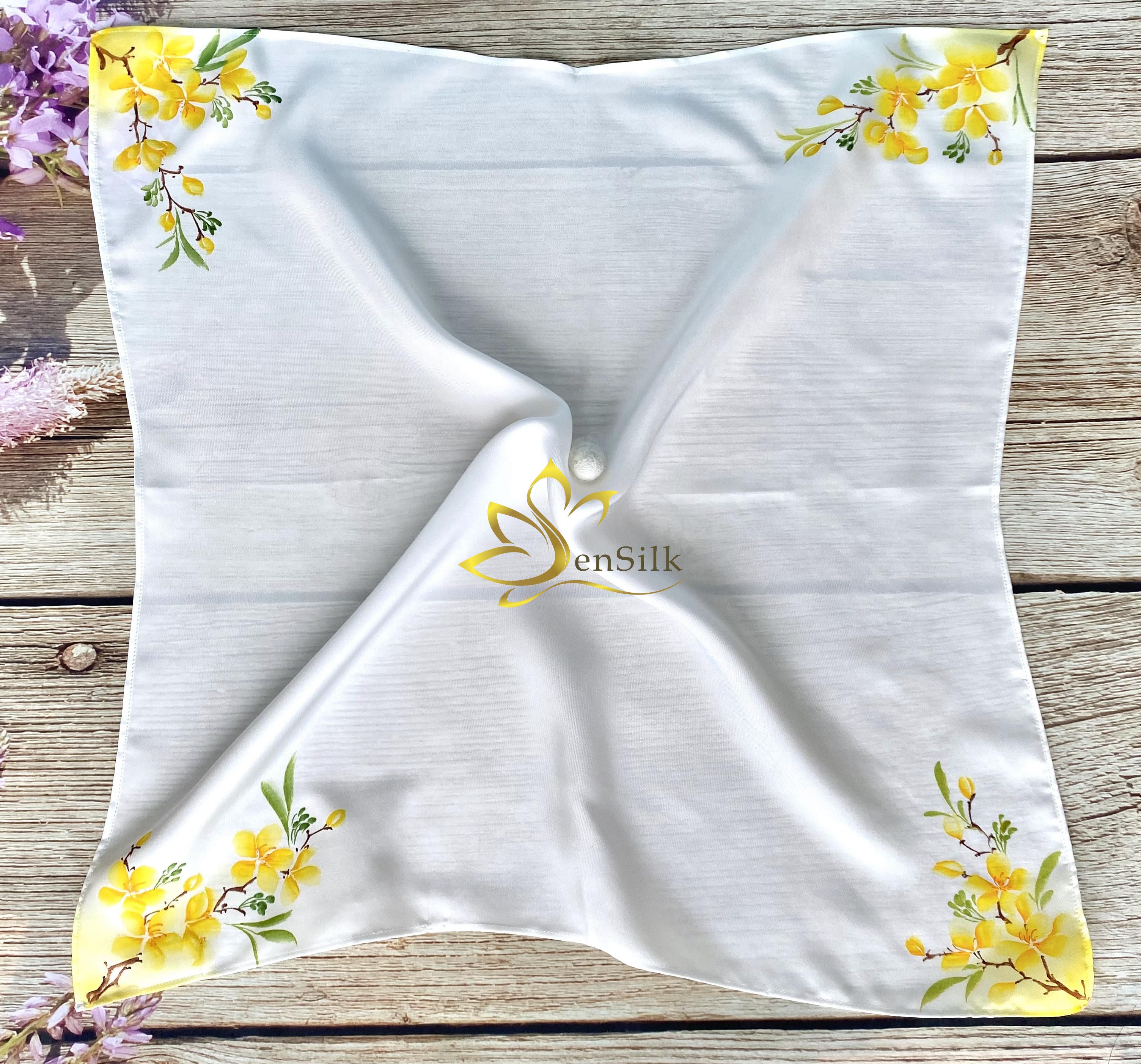 Khăn Lụa Thắt Nơ Cổ Vẽ Tay Mai Vàng SenSilk 55x55cm, Lụa Tơ Tằm Bảo Lộc Thời Trang - Phụ Kiện Lụa Cao Cấp