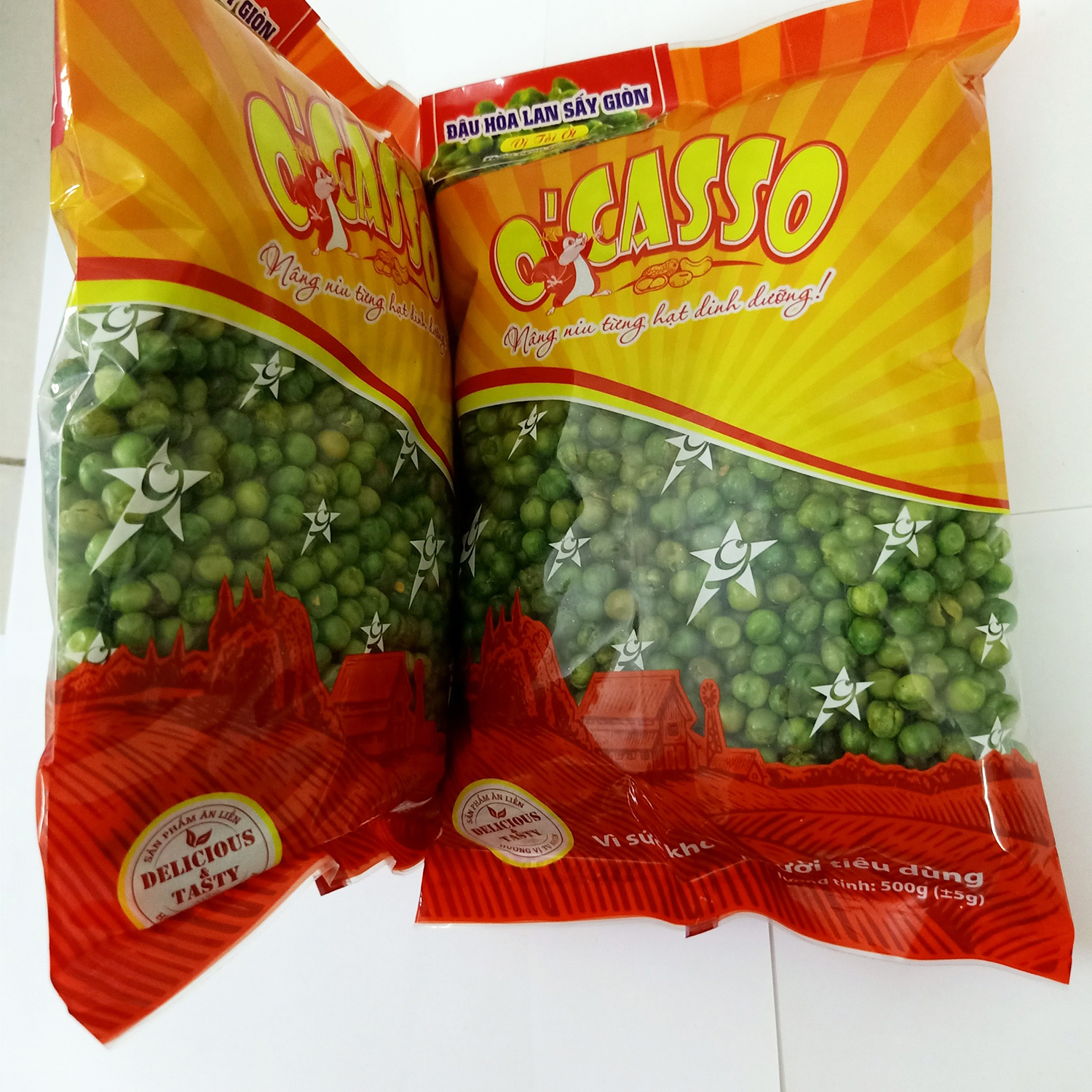 1kg Đậu Hòa Lan Sấy Giòn Vị Tỏi Ớt O'Casso 2 gói 500g