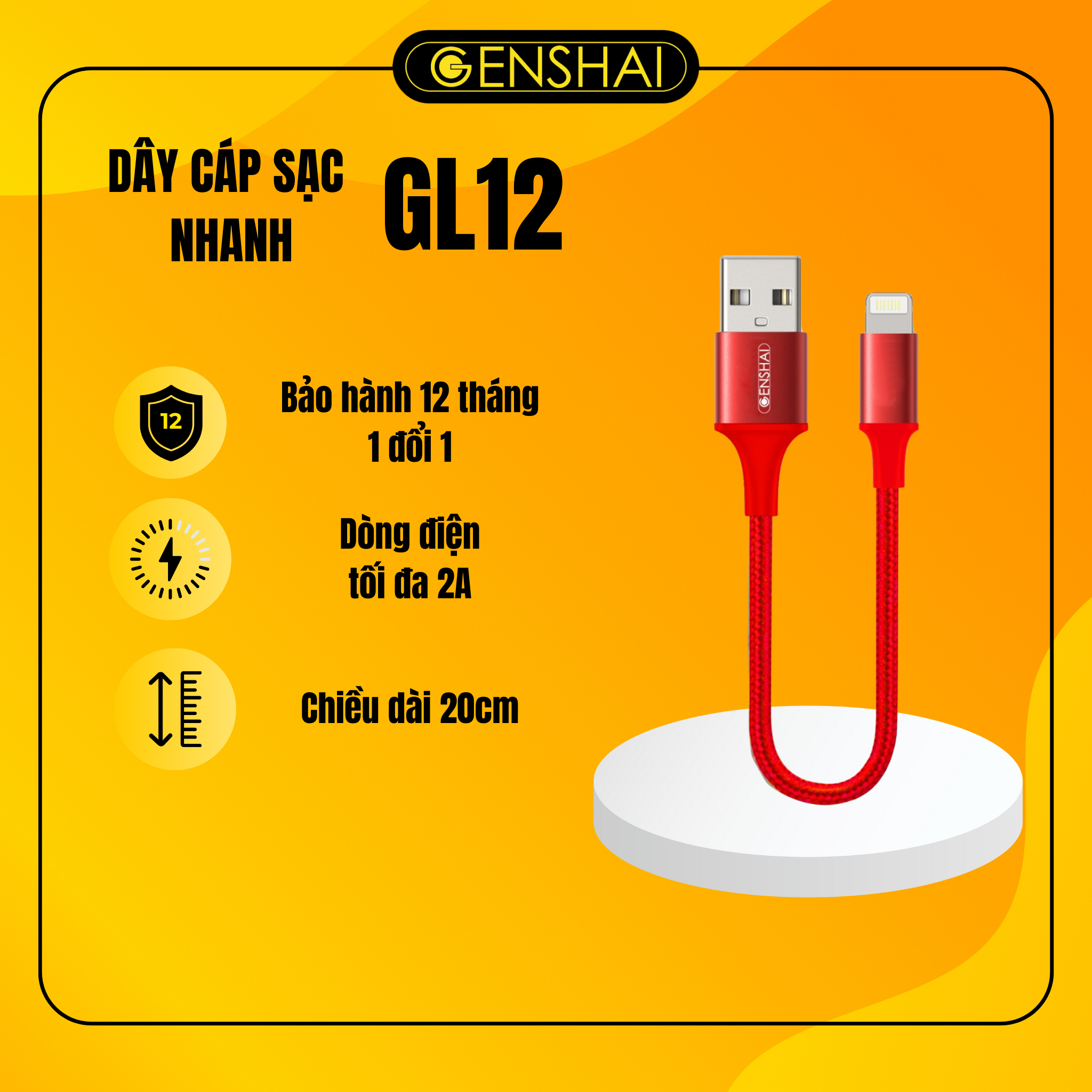 Cáp sạc ip  ngắn hàng chính hãng GENSHAI GL12 USB to L dây dù 20cm tiện dụng cho pin sạc dự phòng | Bảo hành 12 tháng 1 đổi 1
