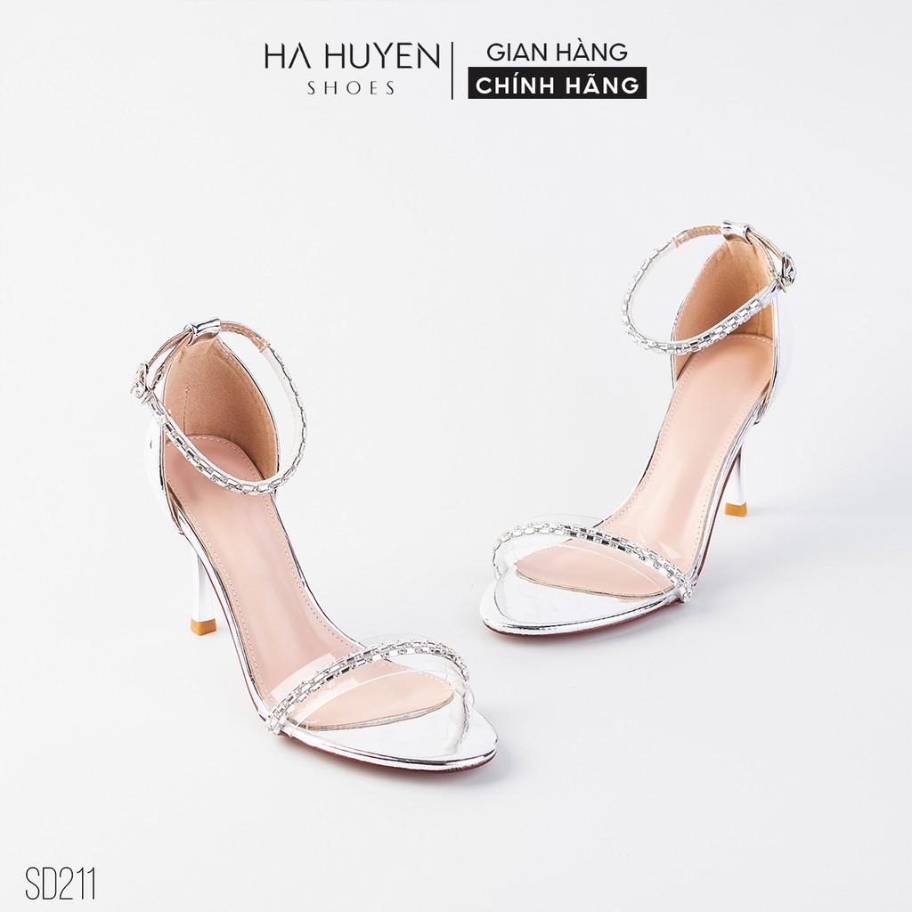 Sandal cao gót nữ Hà Huyền Shoes quai trong phối đá mảnh gót nhọn 8 phân - SD211