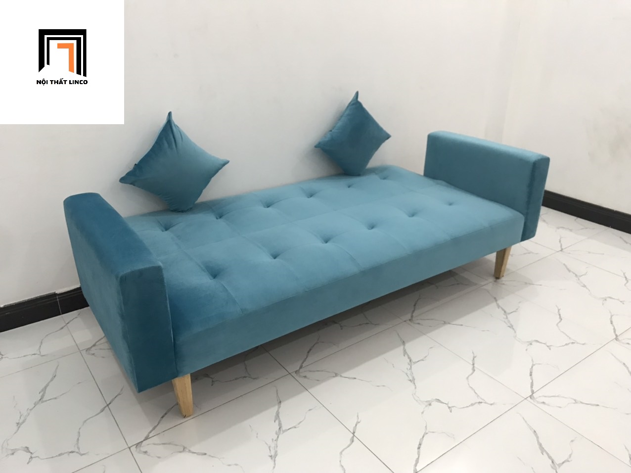 Ghế sofa giường TV xanh dương vải nhung