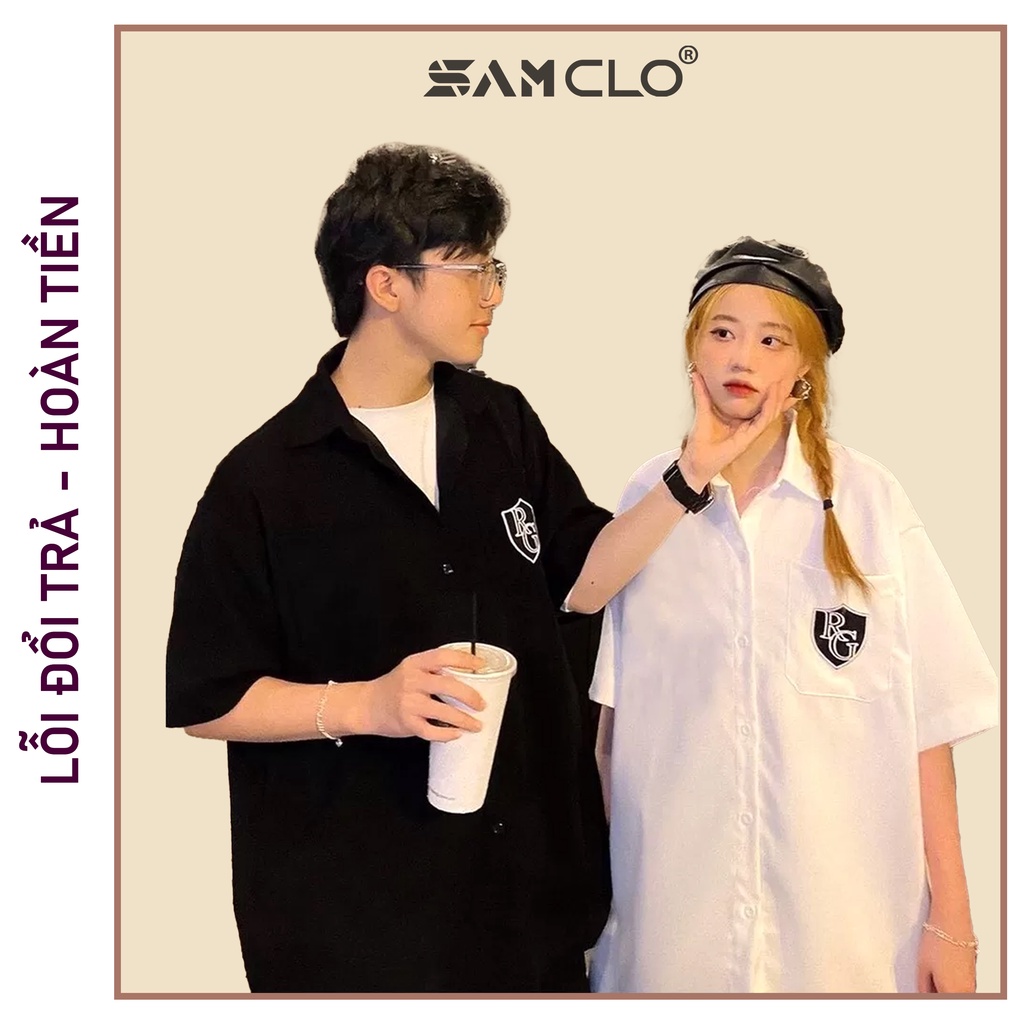Áo sơ mi học sinh nữ tay ngắn - lỡ, form ulzzang freesize unisex, dáng rộng, mặc đi học, thêu LOGO RG