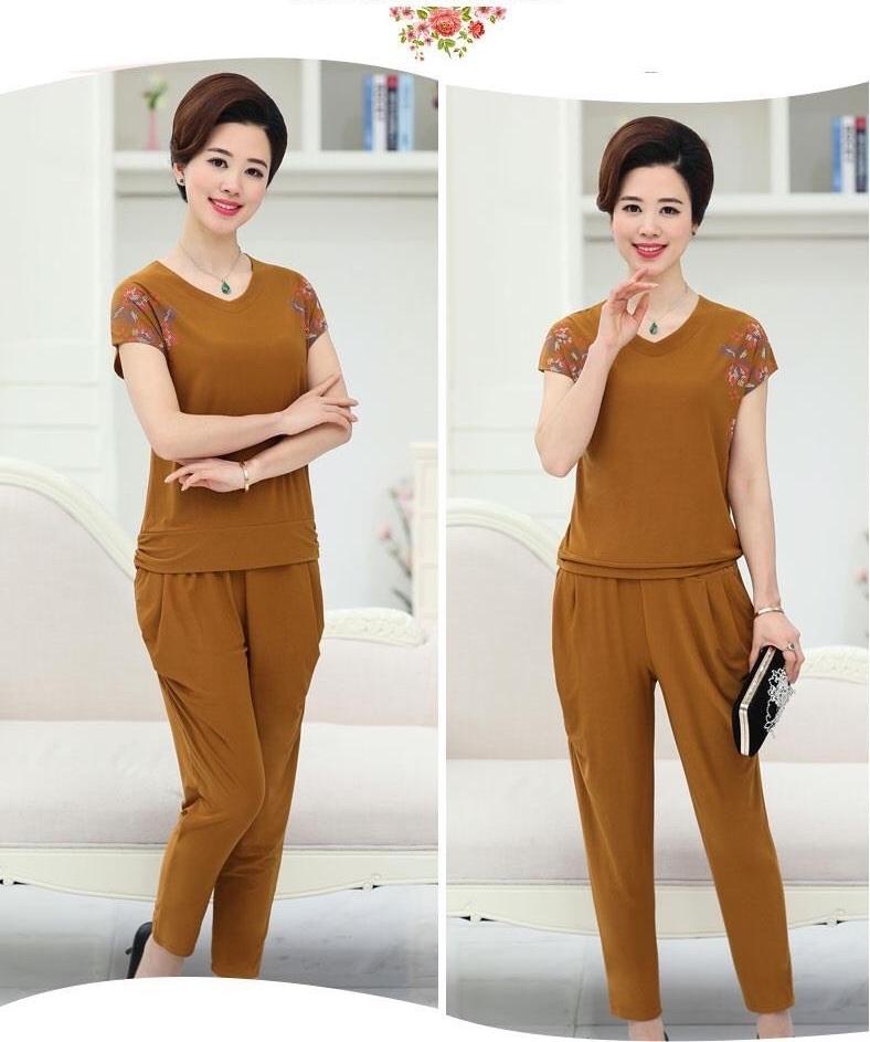 Bộ Cotton Mặc Nhà Cổ Tim Áo Cộc Quần Dài Cho Nữ Trung Niên