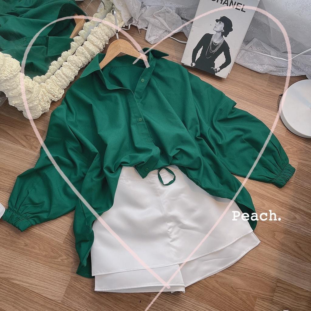 Set áo sơmi xanh tay bo tà lệch phối quần short trắng