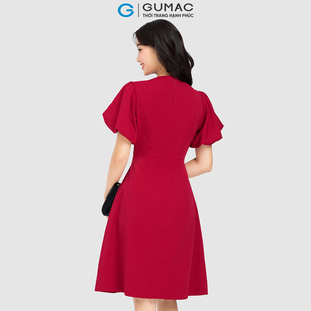 Đầm nơ cổ phối chỉ GUMAC DC08037 form A luôn chỉ đính nơ