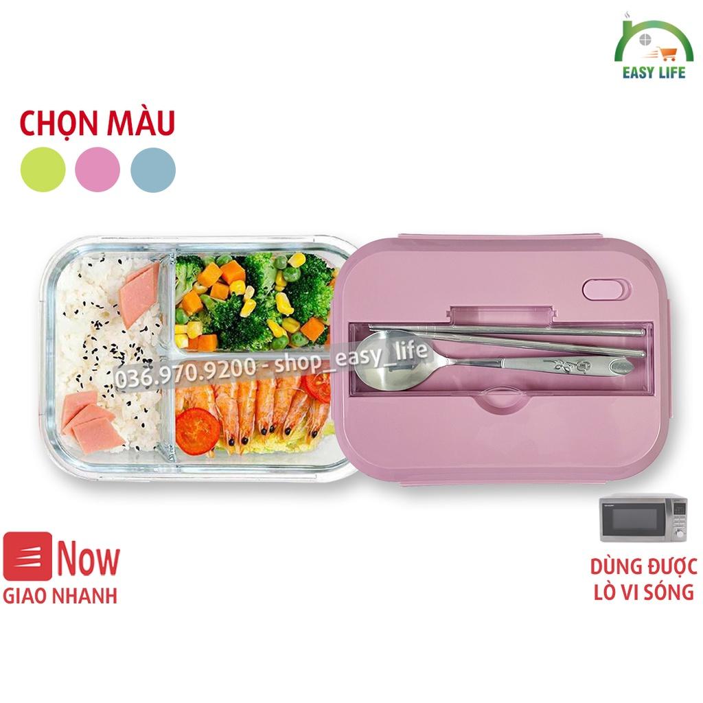 Hộp cơm thủy tinh 3 ngăn kèm thìa đũa inox - Dùng được trong lò vi sóng