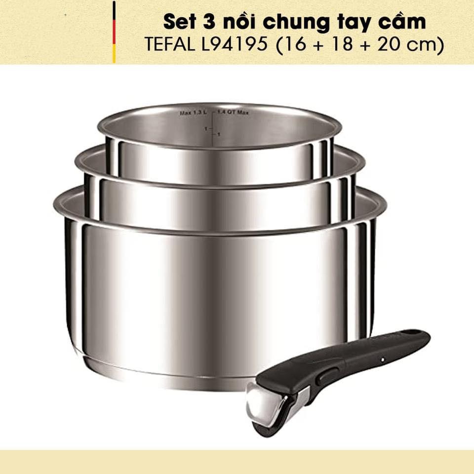 Set 3 Nồi Chung Tay Cầm Tefal Ingenio L94195, Size 16/18/20cm, Chất Liệu Thép Không Gỉ, Dùng Cho Mọi Loại Bếp, Nhập Đức