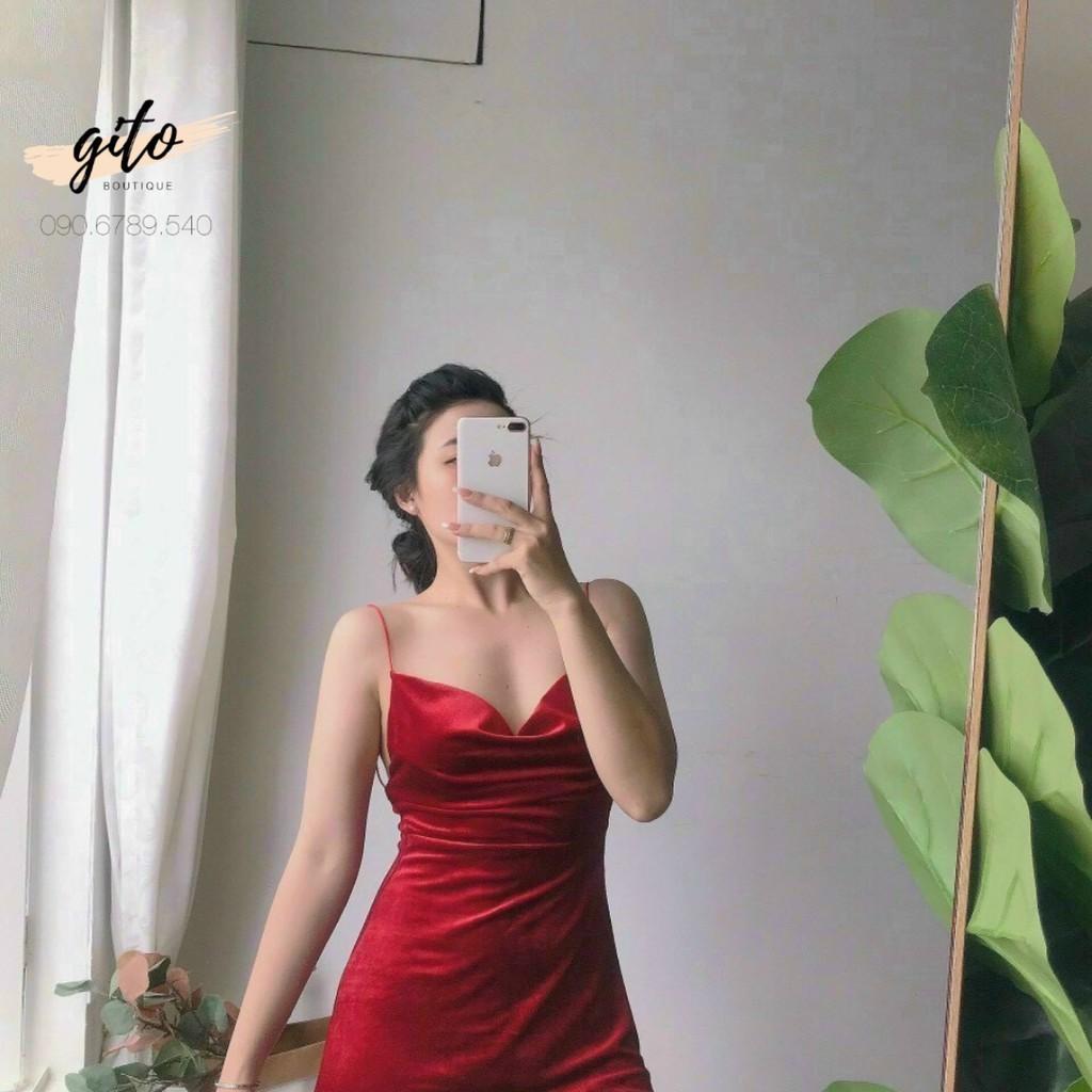 ĐẦM HAI DÂY XẺ ĐÙI HỞ LƯNG- NHUNG SEXY- ĐEN NGẮN/ĐỎ - GD030