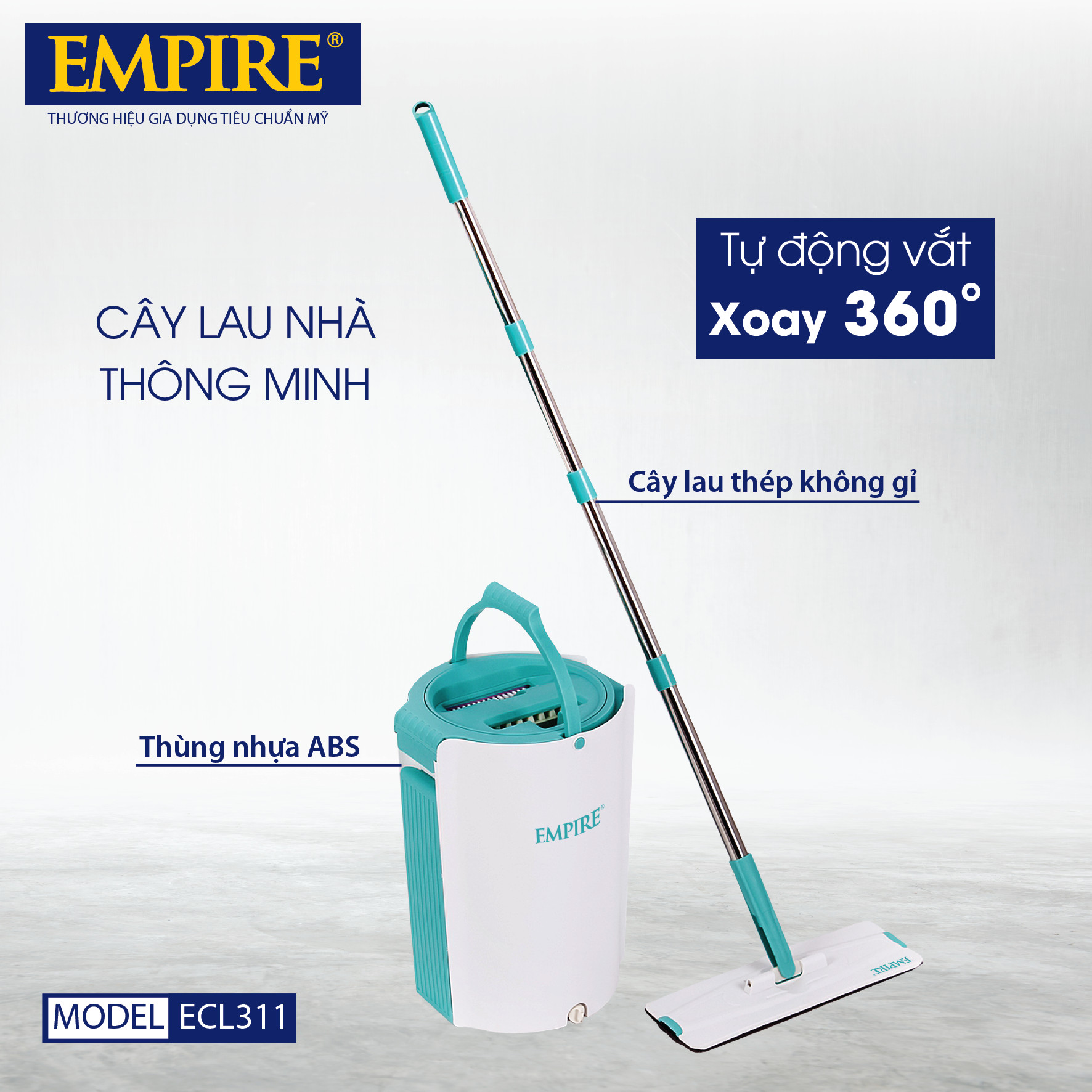 CÂY LAU NHÀ THÔNG MINH TỰ ĐỘNG VẮT, XOAY 360 ĐỘ EMPIRE 311 CAO CẤP. BỘ KÈM 02 BÔNG LAU, THÙNG LAU NHÀ, CÂY LAU NHÀ-Hàng chính hãng