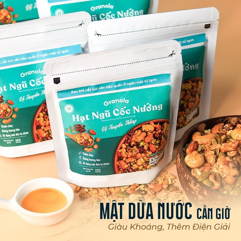 Granola nướng giòn tan - Vị truyền thống túi 150g - Dùng mật dừa nước, 0 trái cây sấy, GI thấp - Hạt ngũ cốc giảm cân - HeydayCacao