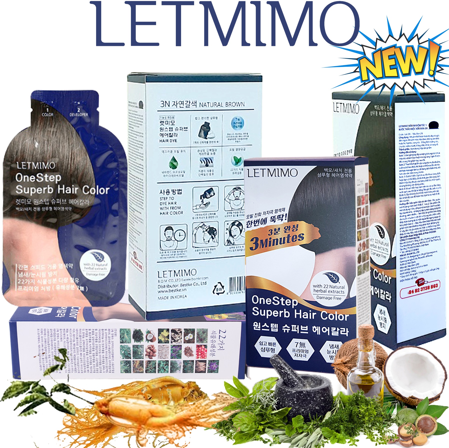 Gói gội đen tóc dưỡng mượt tóc, nhuộm phủ bạc, thuốc nhuộm tóc Letmimo, Nâu Tự Nhiên-3N gói 24g, bestke