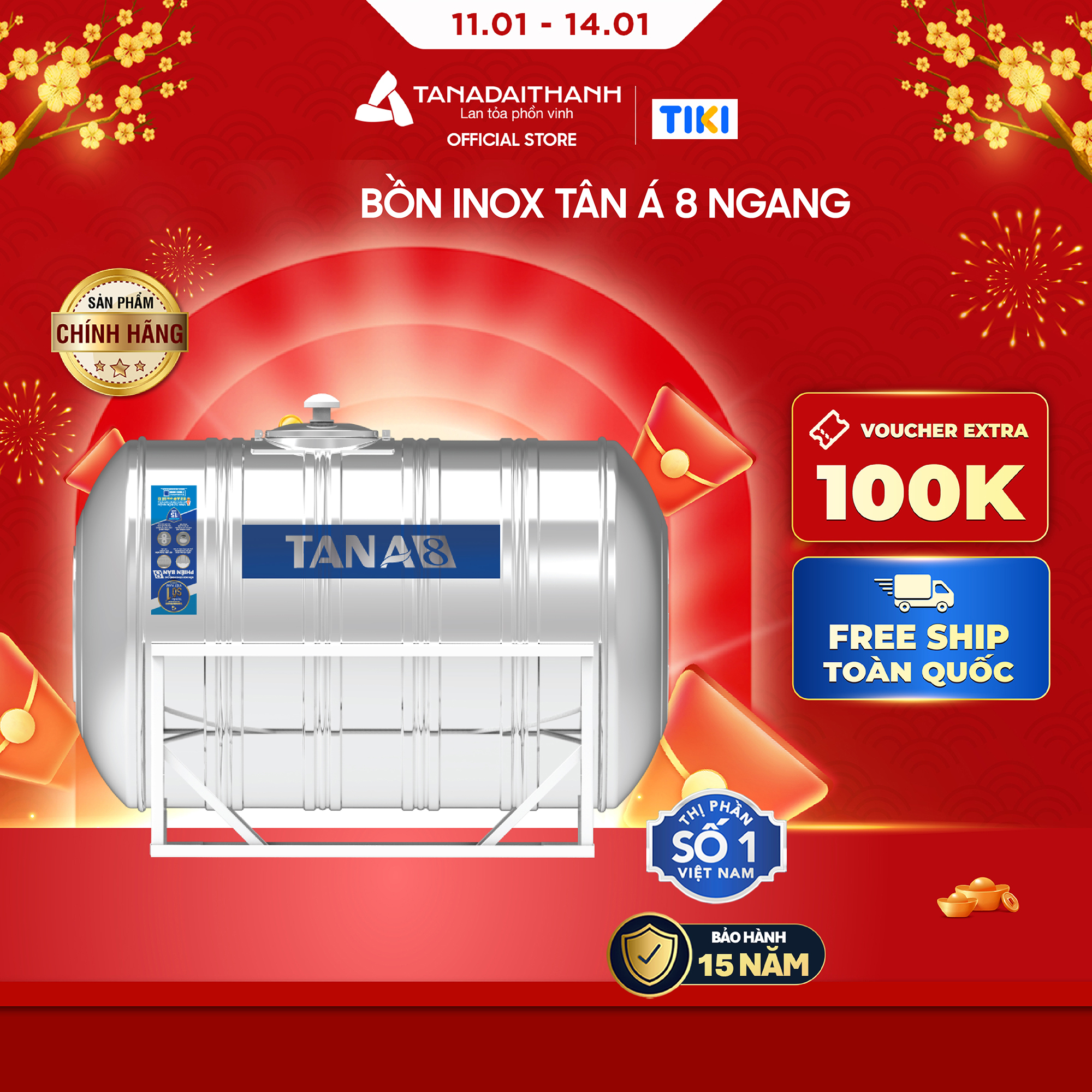 Bồn nước inox Tân Á 8 Ngang 500L 1000L 1500L 2000L Chính hãng, Chỉ bán nội thành Hà Nội, Bảo hành 15 năm