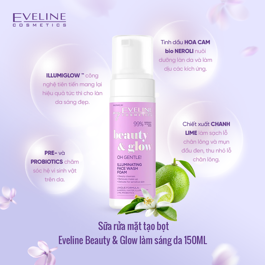 Sữa rửa mặt tạo bọt Eveline Beauty & Glow làm sáng da 150ML