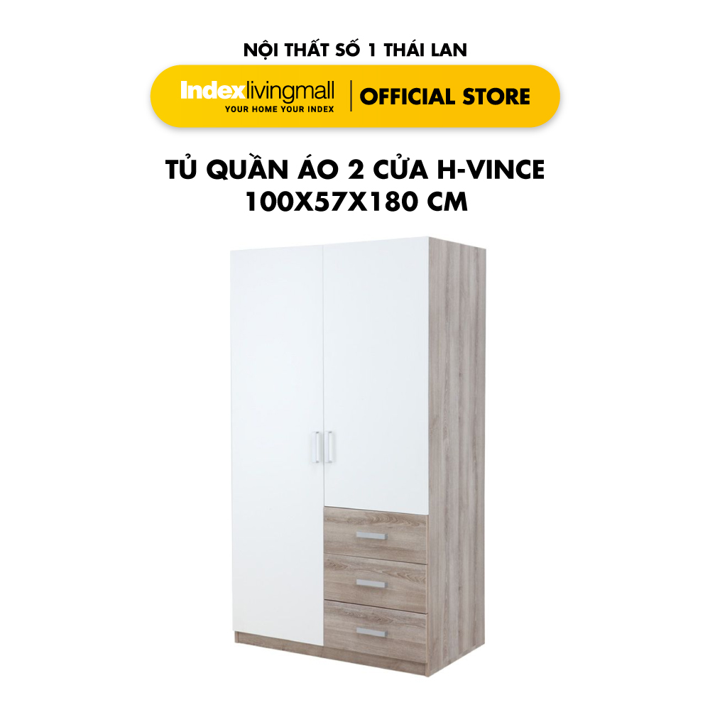 [ Miễn Phí Vận Chuyển &amp; Lắp Đặt ] Tủ Quần Áo 2 Cánh Mở Kèm 3 Ngăn Kéo H - VINCE Gỗ Công Nghiệp Cao Cấp Chống Ẩm, Phối Màu Gỗ Tự Nhiên Và Trắng Tạo Sự Sang Trọng | Index Living Mall | Nội Thất Nhập Khẩu Thái Lan - Phân Phối Độc Quyền Tại Việt Nam