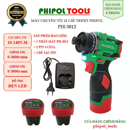 Combo Máy chuyên vít 21 cấp trượt dùng pin PHIPOL TOOLS PH3012 có chỉnh tốc, kèm 2 pin và sạc - Hàng Chính Hãng