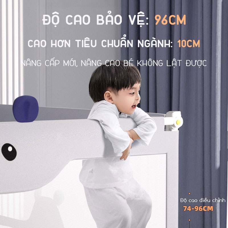 Thanh chắn giường cho bé cao cấp KidAndMom BR02 cao tới 105cm, hạ được 1 góc, thiết kế chống kẹt, chống vấp ngã, 24 nắc điều chỉnh mẫu mới nhất trượt lên xuống