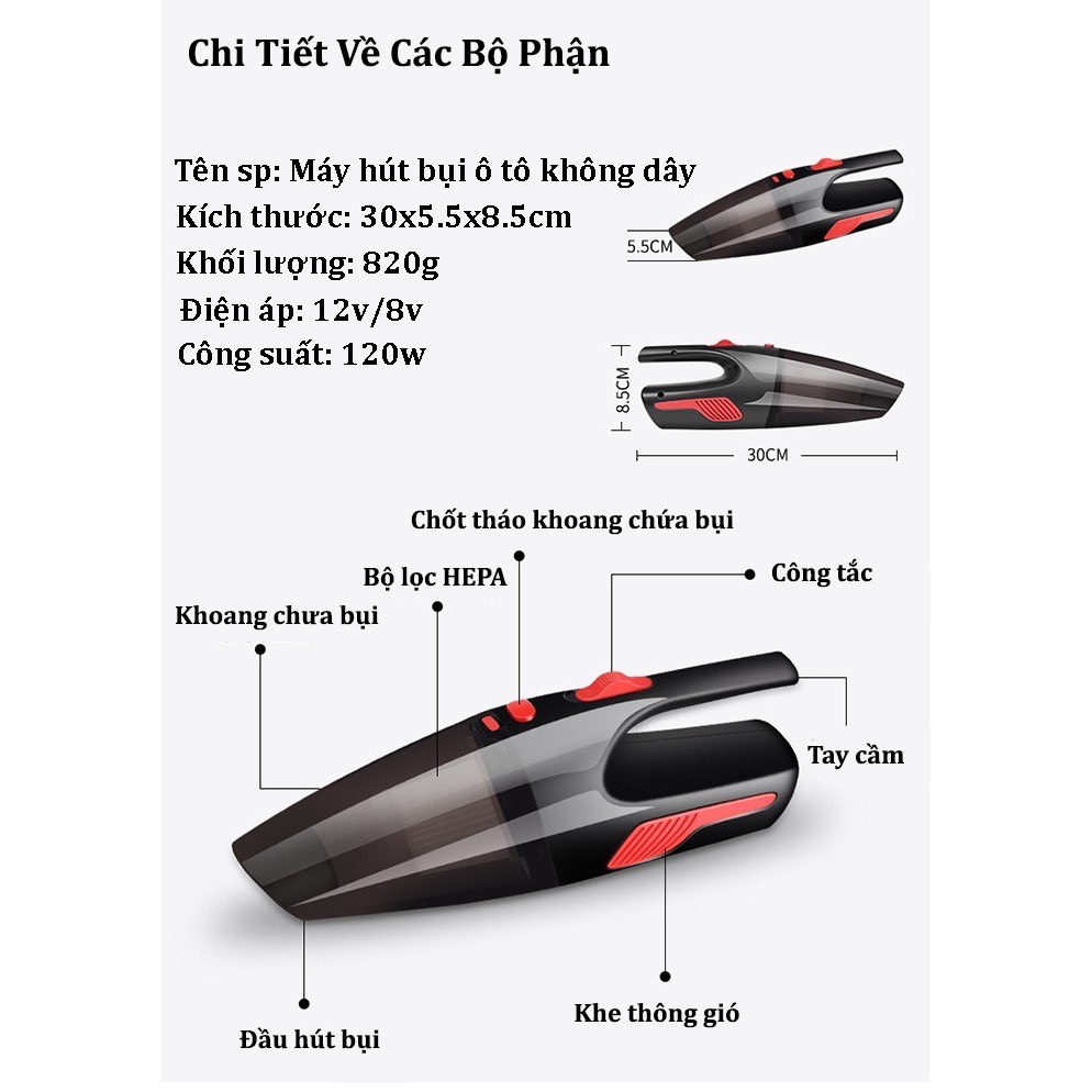 Máy Hút Bụi Cầm Tay Mini Không Dây  Công Suất 120W - Máy hút bụi thông minh dành cho ô tô và gia đình