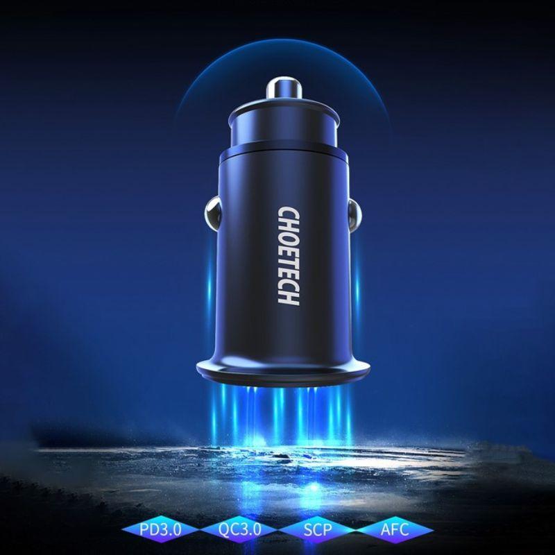 Tẩu nhanh ô tô 30W 5A 2 cổng USB Type C+ USB-A QC3.0 Choetech TC0006