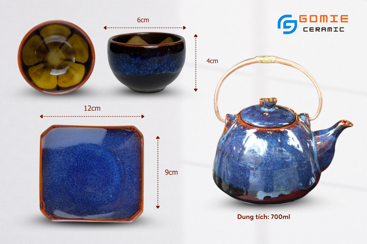 Bộ Ấm Bầu Quai Đồng Long Chén Đúc Hoa Hỏa Biến Xanh Sóng Biển đầy đủ phụ kiện
