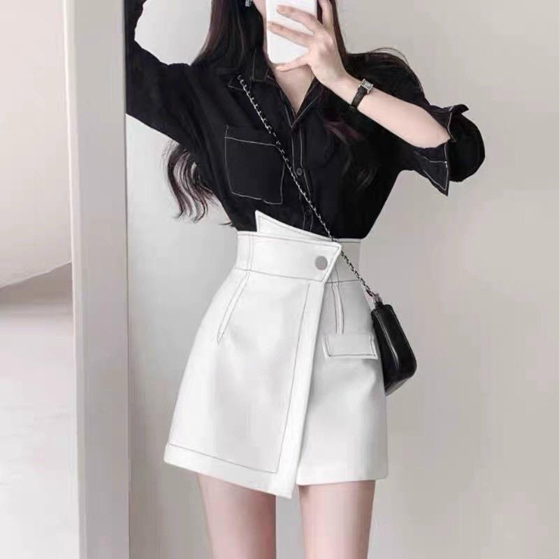 Chân váy nữ cạp cao chỉ nổi vạt lệch