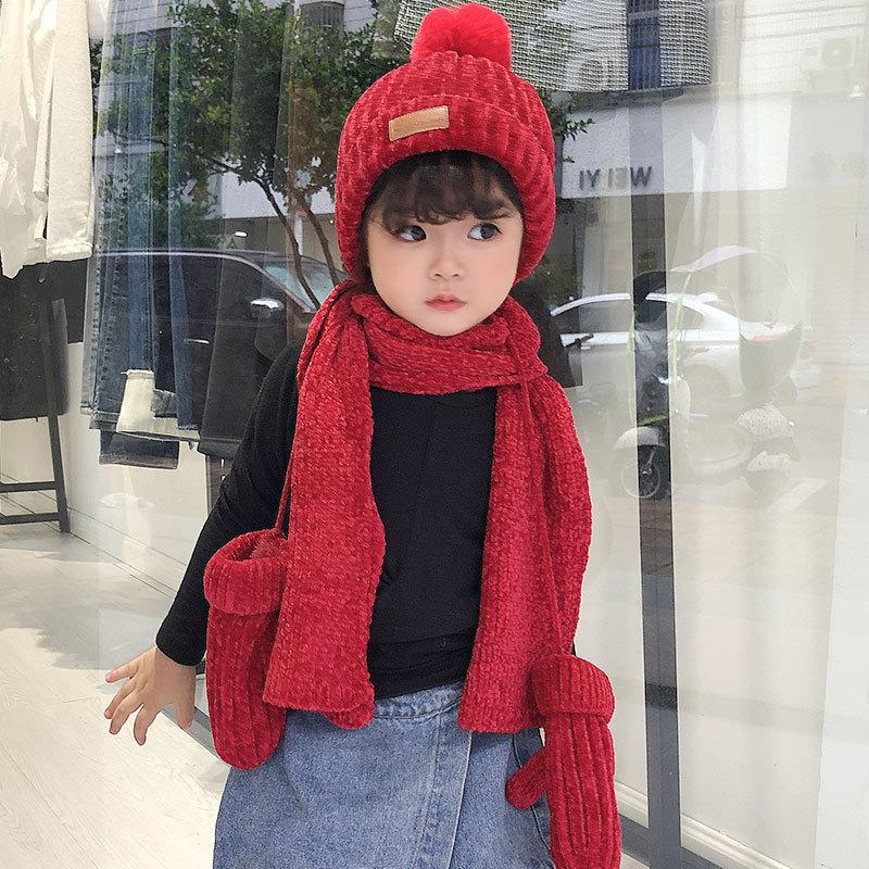 3 Mảnh Dệt Kim Nón Khăn Găng Tay Bộ Trẻ Em Nón PomPon Thu Đông Ấm Mitten Bé Trai Nắp Bò Thời Trang Bộ trẻ Em Mũ Lưỡi Trai
