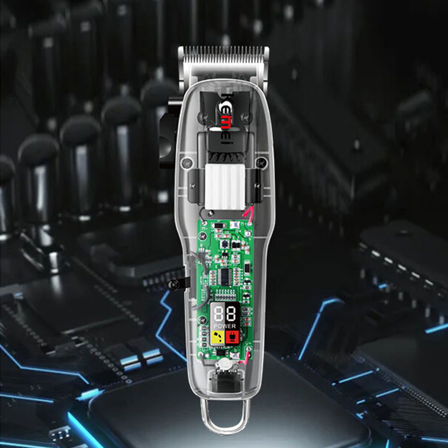 Tông đơ cắt tóc Kemei KM-NG-108 vỏ trong suốt thấy mạch điều chỉnh độ dài lưỡi có màn hình LCD hiển thị sạc USB