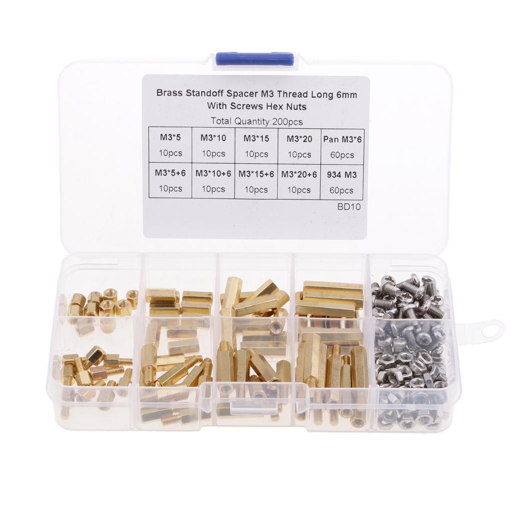 200 Pieces M3 Male Female Hex Brass Spacer Standoff Screw Nut Assortment Kit
