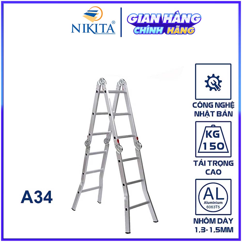 Thang Nhôm Gấp 4 Khúc Nikita NKT-A34 Chân Choãi - Hàng Chính Hãng - Công Nghệ Nhật Bản - Tiêu Chuẩn Châu Âu -