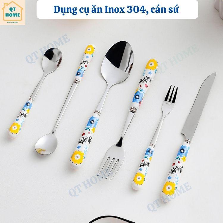 Thìa Muỗng Inox 304 Cán Sứ, Dĩa Nĩa Inox 304, Dao Ăn Inox 304, Đũa Sứ, Họa Tiết Bông Hoa