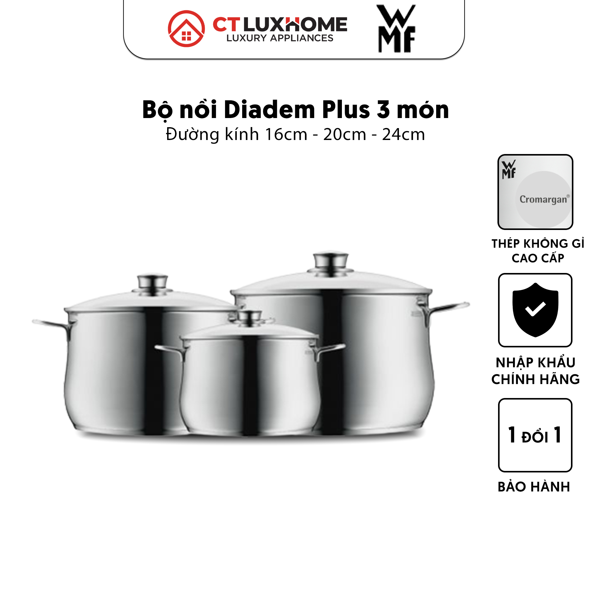 Bộ Nồi DIADEM PLUS 3 Món COOKWARE SET Chất Liệu Thép Không Gỉ Cromargan - 0730036040