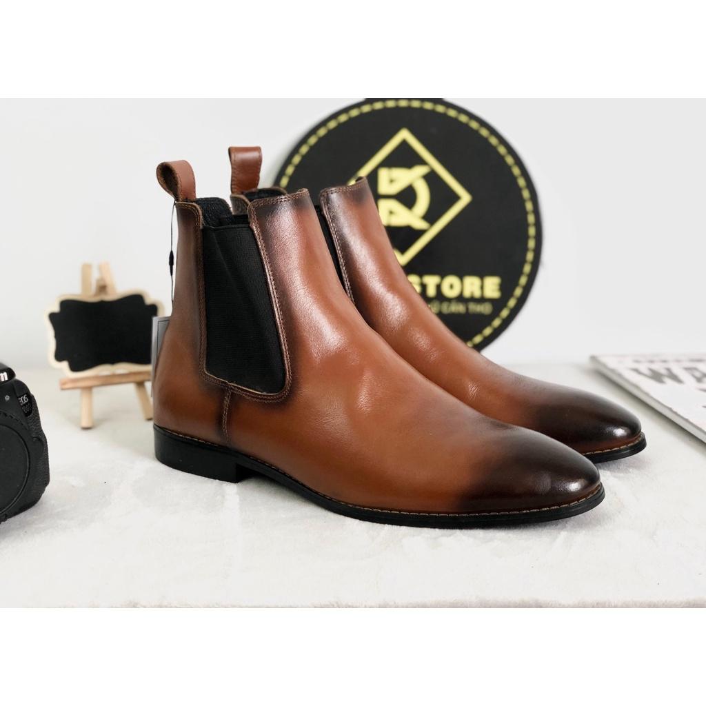 (Bảo hành 12 tháng) Chelsea boots da bò nâu đế gỗ cao cấp lịch lãm - Duky Store