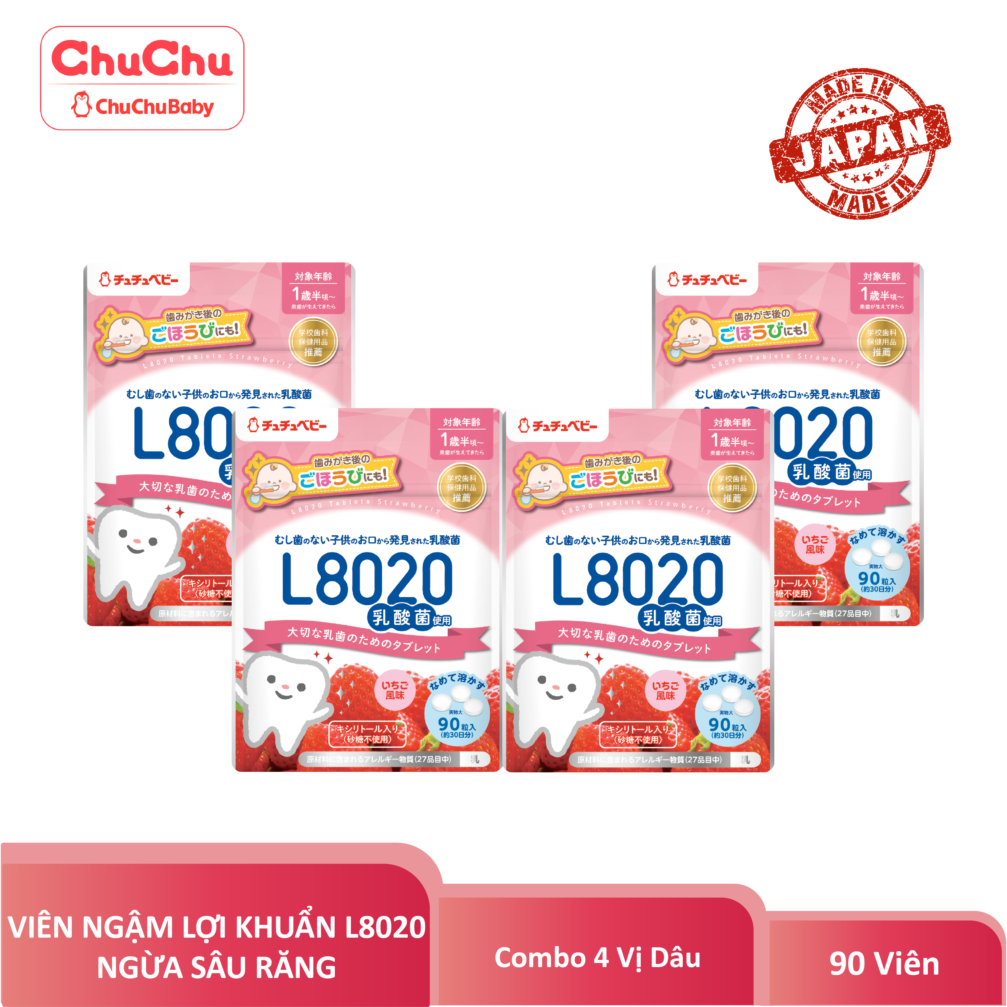 Combo 4 gói viên ngậm lợi khuẩn vị sữa chua L8020 ngừa sâu răng Chuchu Baby (90 viên/ gói)