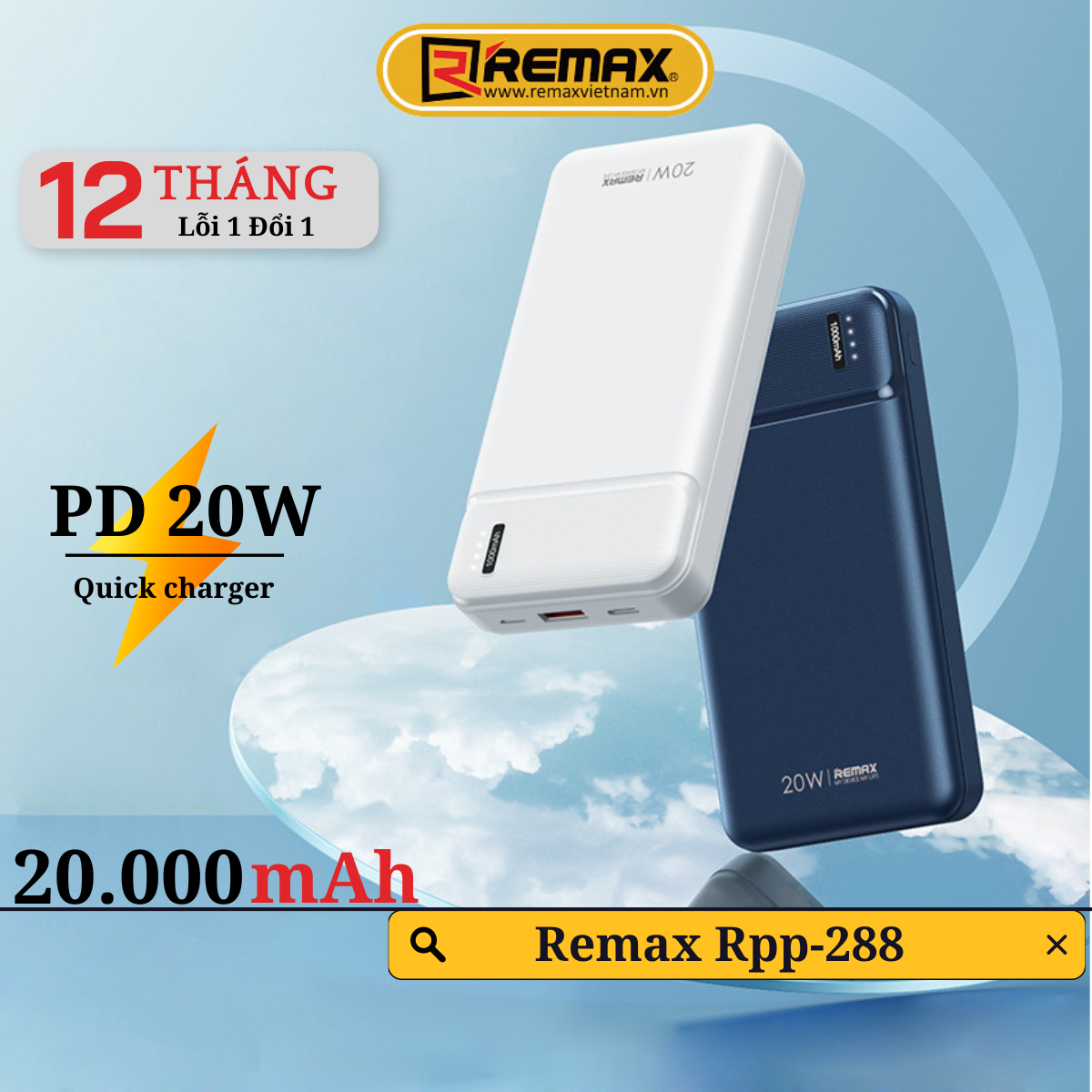 Pin sạc dự phòng 20000mAh 20W PD QC Remax RPP-288 Sạc nhanh công suất 20w cho các dòng điện thoại - Hàng Chính Hãng