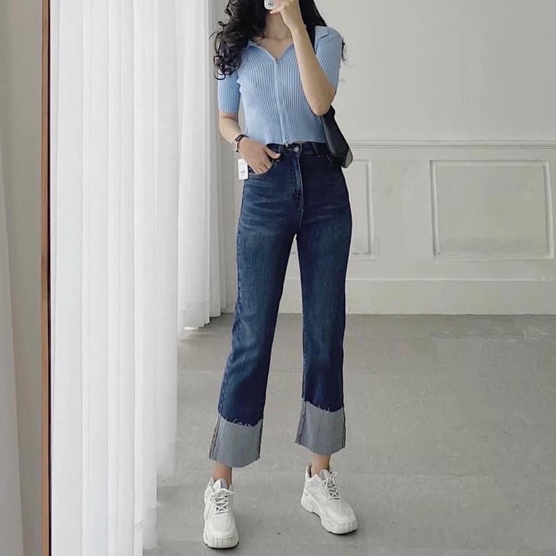 JEANS SUÔNG GẤP LAI BẢN TO LƯNG CAO
