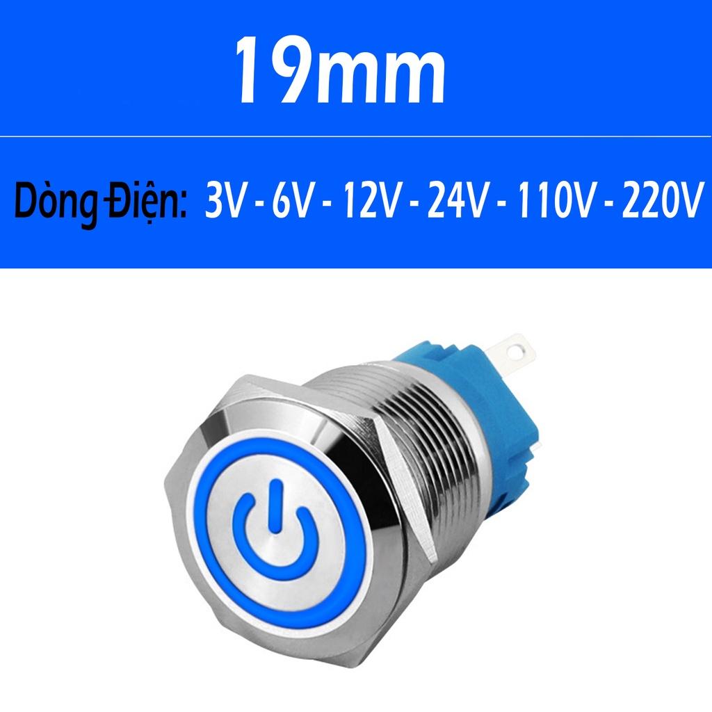 Nút nhấn Led INOX 19mm, Công tắc Tự khóa có hình Nguồn dùng nguồn Điện áp (3-6V, 12-24V, 110-220V)