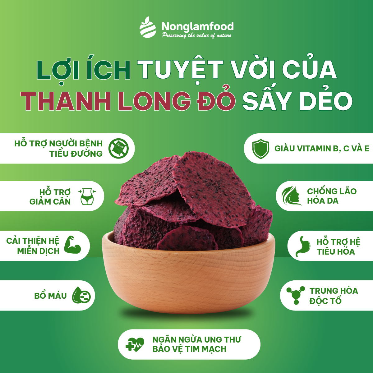 [Mua 10 tặng 2] Combo 10 túi Thanh Long Đỏ KHÔNG ĐƯỜNG sấy dẻo Nonglamfood túi 75g