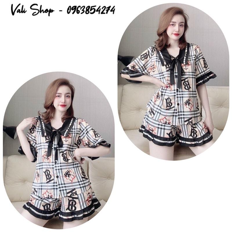 Đồ ngủ lụa latin cao cấp pijama áo cột nơ hoạ tiết quần đùi freesize 42-58kg