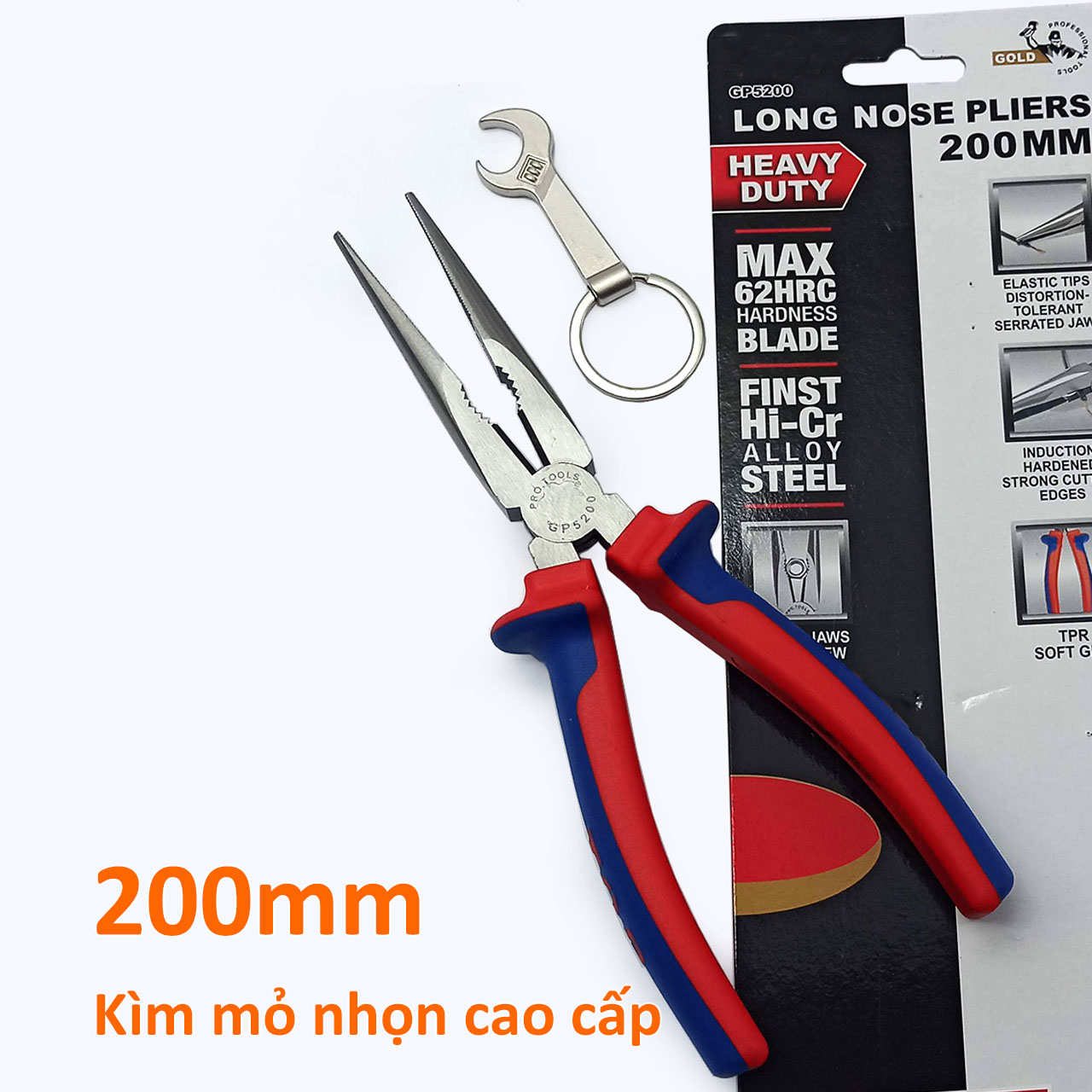 Kìm mỏ nhọn cao cấp 200mm lưỡi thép giàu Crôm tôi cao tần độ cứng HRC62