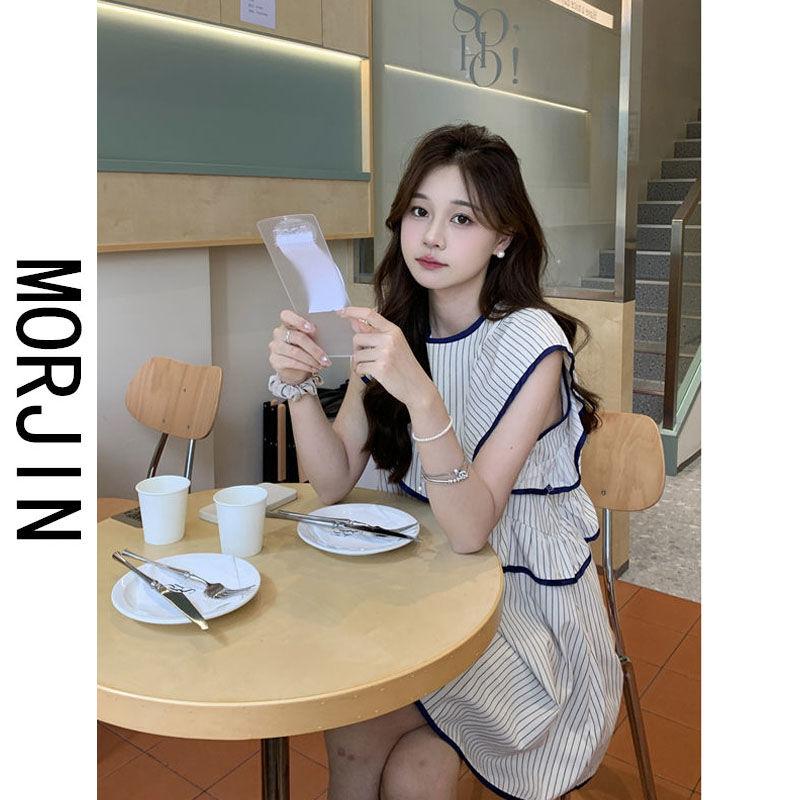 CHENGRUI Morjin sọc nhỏ tay áo đầm mùa hè nữ Hàn Quốc viền lá sen không đều tay búp bê váy