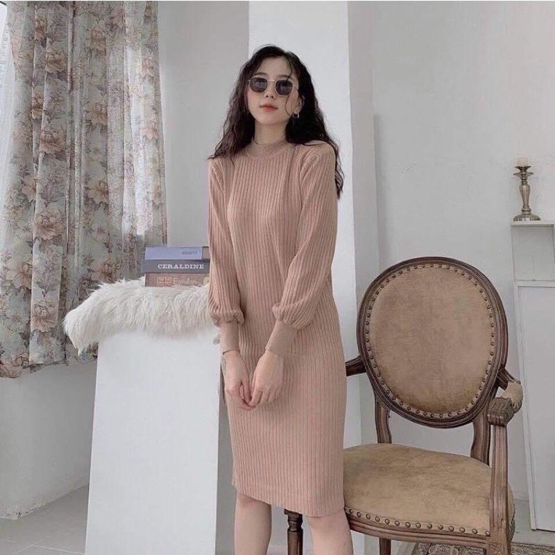 Váy dáng xuông tay bo chụ chất len tăm cổ cao đầm dài cổ tròn