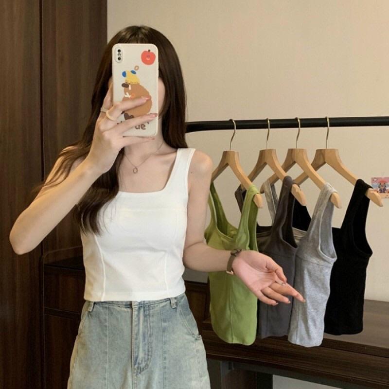 Áo bra sát nách cổ vuông chất cotton tăm siêu thoáng có mút đệm