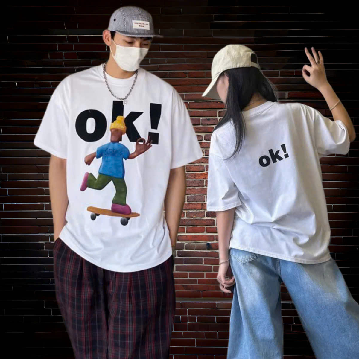 Áo phông nam nữ form rộng 2N Unisex thun cotton in chữ OK màu trắng - XXL &lt;85kg