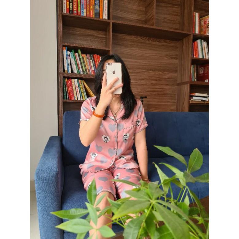 Freeship Bộ mặc nhà nữ tim hồng, bộ pijama lụa satin cao cấp, hàng thiết kế quần lửng, quần đùi có size nhiều màu